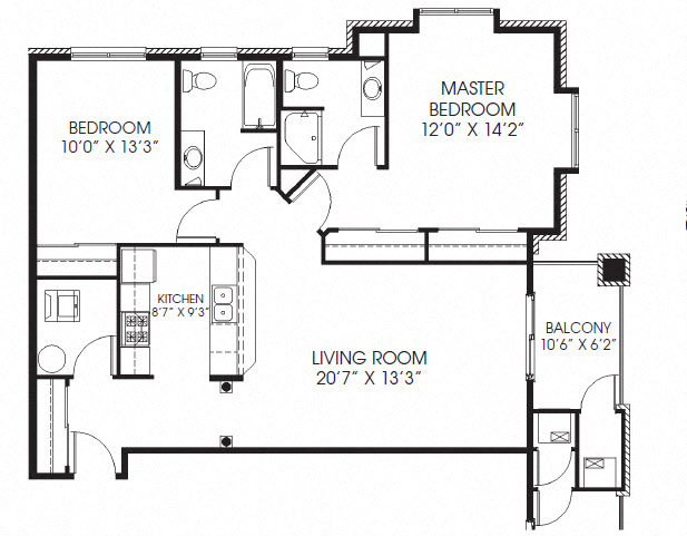 Floor plan for 2 beds, 2 baths, 1186 sqft